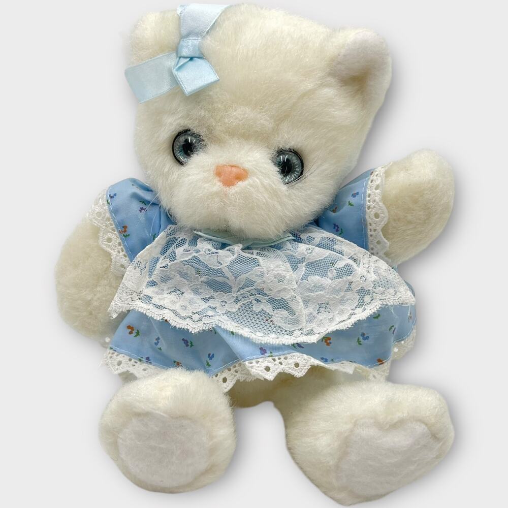 10" Vintage White Cat Plush Blue Floral Prairie Dress Bow Sparkle Eyes Hard Nose